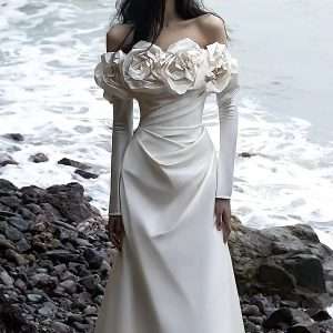 Satin Mermaid Gown with Off-Shoulder 3D Floral Design (For Rent)